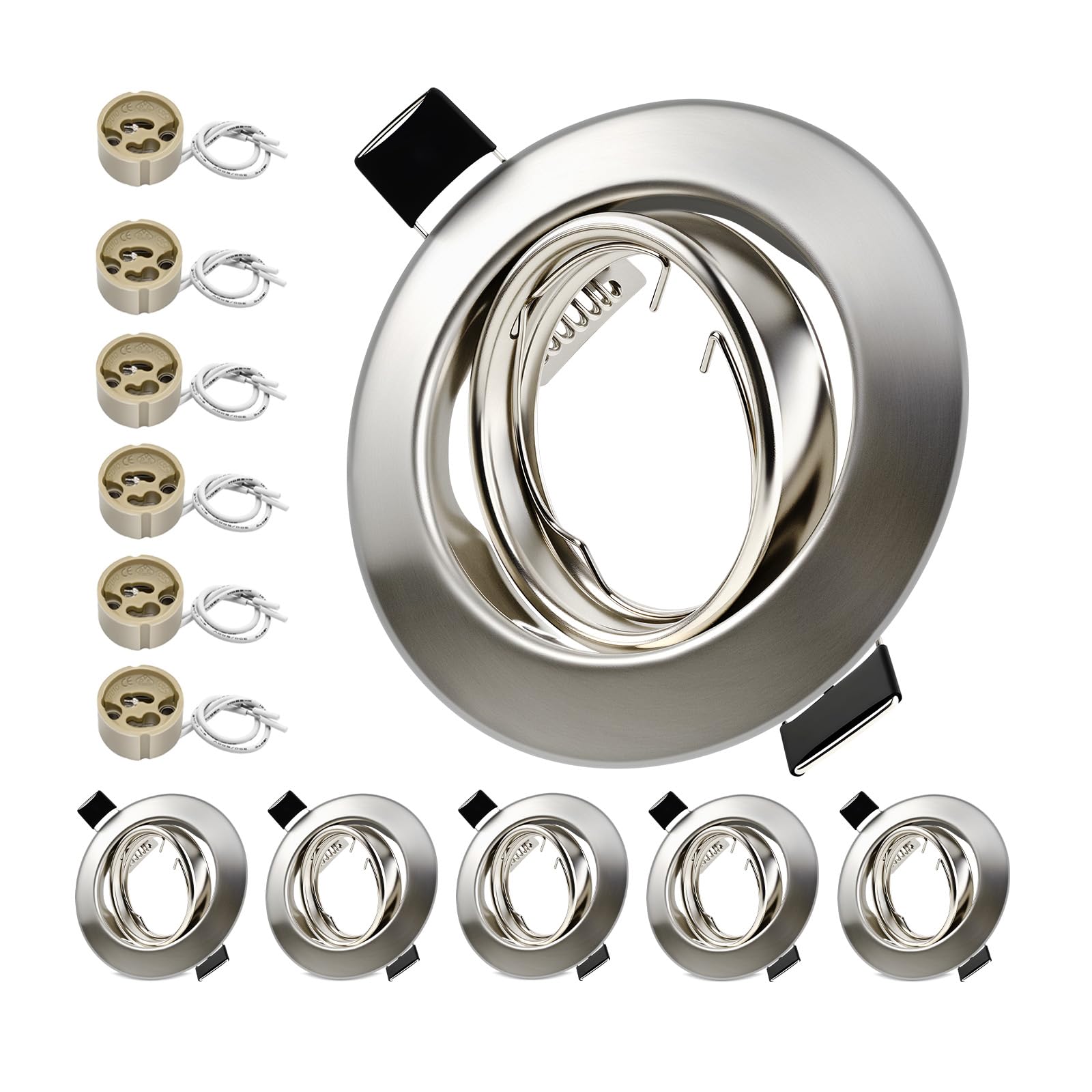 LteelDay 6-Pack Brushed Nickel Adjustable Recessed GU10 Light Frames – 30° Swivel Round Ceiling Mount, 90x90mm, Cut-Out 68-80mm, Includes 6 VDE Sockets