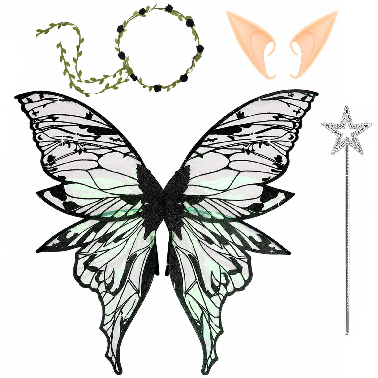 Fairy Costume Adult, Black Wings with Wreath, Elf Ears, Fairy Wand