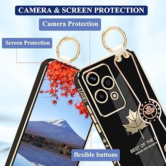 Phone Case for Honor 200 Lite with Wrist Strap Stand & Finger Ring, Cute Aesthetic Slim Silicone Shockproof Protective Cover for Women Girls (Black)