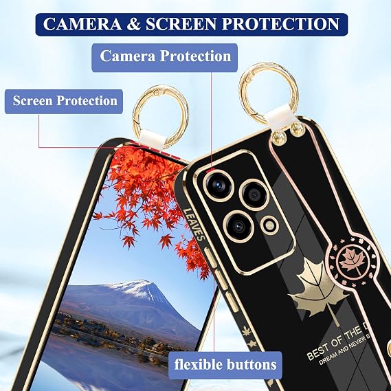 Phone Case for Honor 200 Lite with Wrist Strap Stand & Finger Ring, Cute Aesthetic Slim Silicone Shockproof Protective Cover for Women Girls (Black)