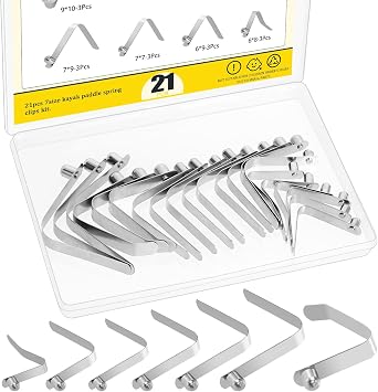 21PCS 7 Sizes Push Button Spring Clips Kit, Stainless Steel Push Button Clips, V Shaped Tent Pole Clips, Spring Snap Clips Locking Tube Pin for Camping Kayak Paddle Tent Pole