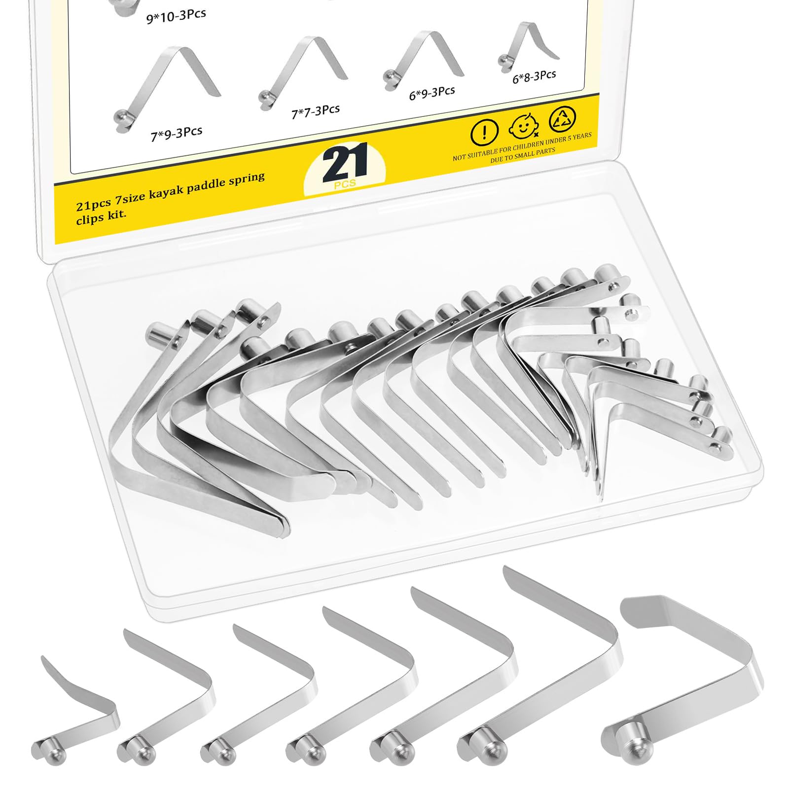Mardatt 21PCS 7 Sizes Push Button Spring Clips Kit, Stainless Steel Push Button Clips, V Shaped Tent Pole Clips, Spring Snap Clips Locking Tube Pin for Camping Kayak Paddle Tent Pole