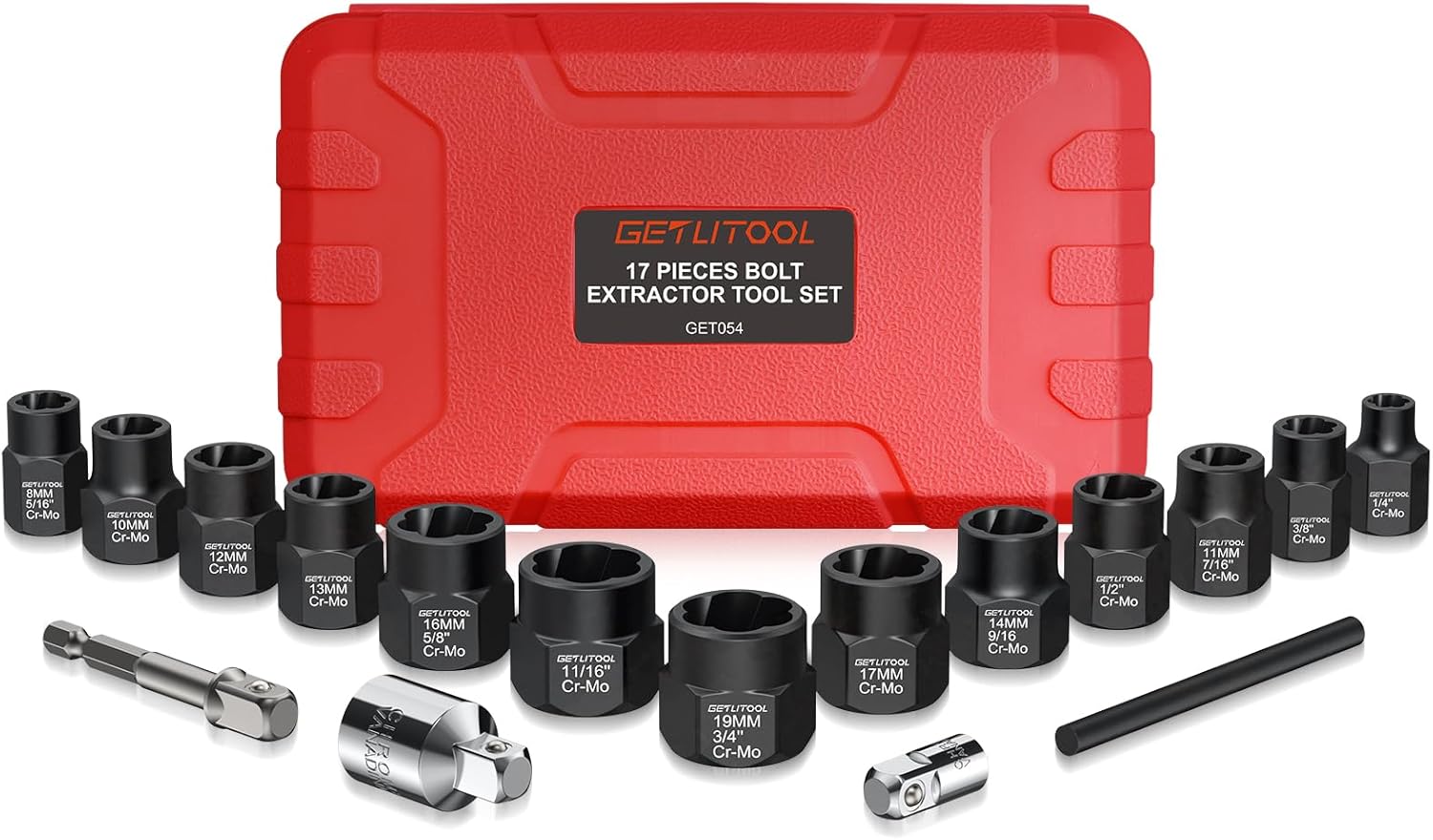 GETLITOOL 17Pcs Impact Bolt Extractor Tool Set, 42CR-MO Impact Bolt & Nut Remover Set with Storage Case, Nut Extractor Socket with Adapter for Car Repair, Machine Maintenance, Tools for Men's Gift
