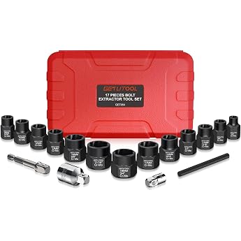 GETLITOOL Screw Extractor Set 3/8 Inch Left Extractor 17-Piece Special Socket Wrench Insert Screws and Nuts Remover Set with Adapter Round Rod Cr-Mo 6.35-19 mm Extractor Tool Set Black