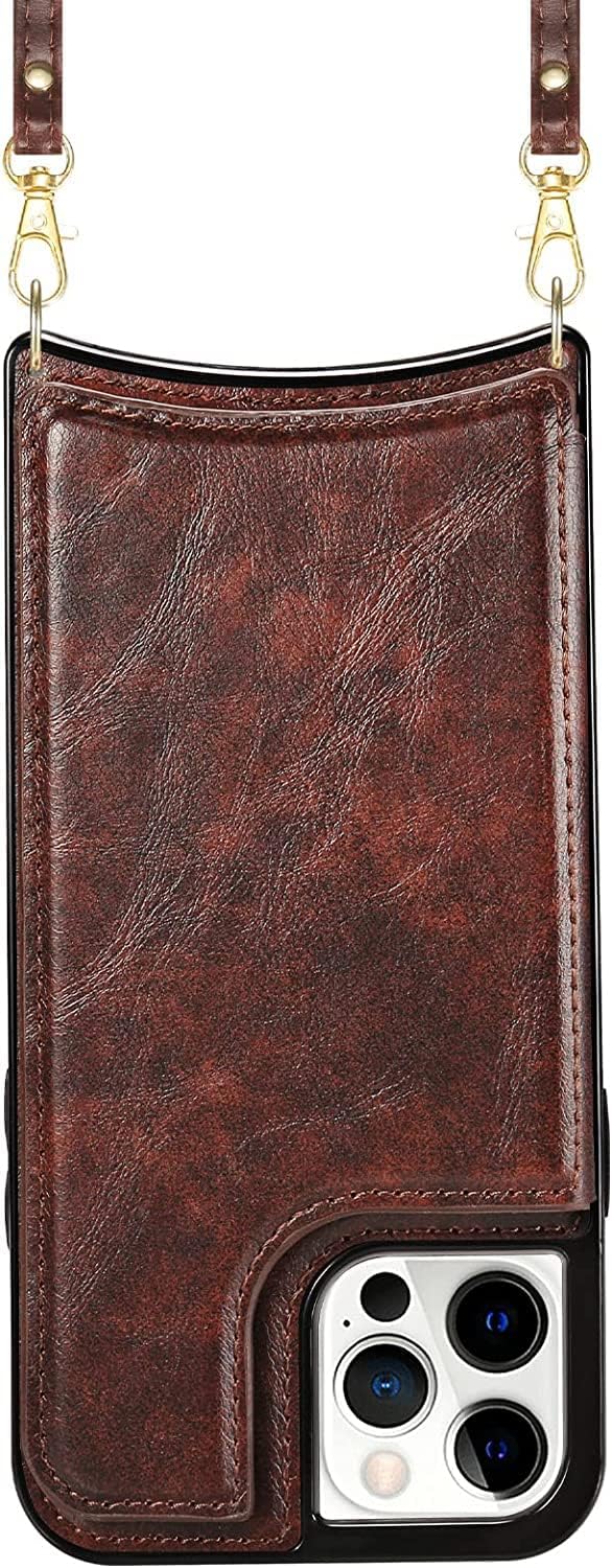 Crossbody Lanyard Case for iPhone 14/14 Plus/14 Pro/14 Pro Max with Card Holder, Flip Premium Leather Slim Back Stand Wallet Case Magnetic Clasp Shockproof Cover (Color : Brown, Size : 14)