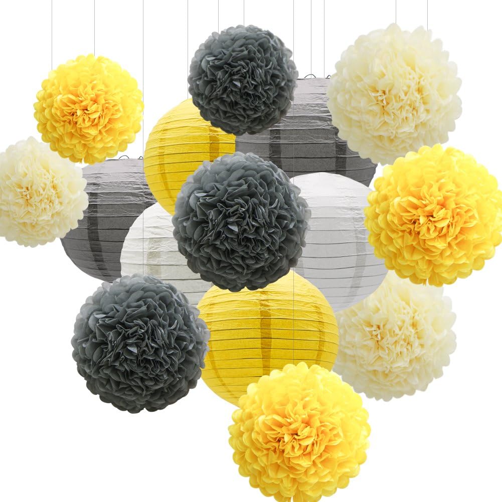 KAXIXIHanging Party Decorations Set, 15pcs Yellow Gray White Paper Flowers Pom Poms Balls and Paper Lanterns for Wedding Birthday Bridal Sunshine Baby Shower Graduation
