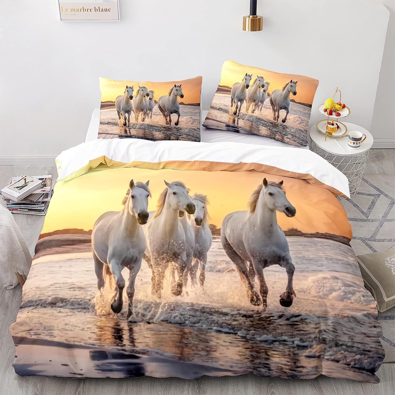 MEVASA King Bedding Set Horse 3d Printed Girls Boys Adults Soft Microfiber Fluffy Breathable Kingsize Duvet Cover Set Sunset Horse Bedding King Size with 2 Pillow Cases /230x220