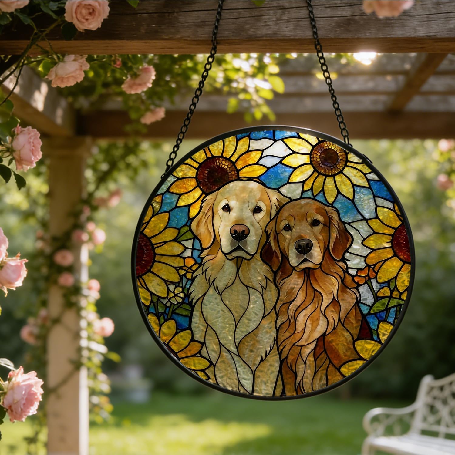 Golden Retriever Sunflower Stained Glass Window Hanging,Summer Spring Flower Golden Dog Suncatcher Indoor Window Glass Round Wall Art Decor for Home Bathroom Women Men,7.9x7.9 Inch