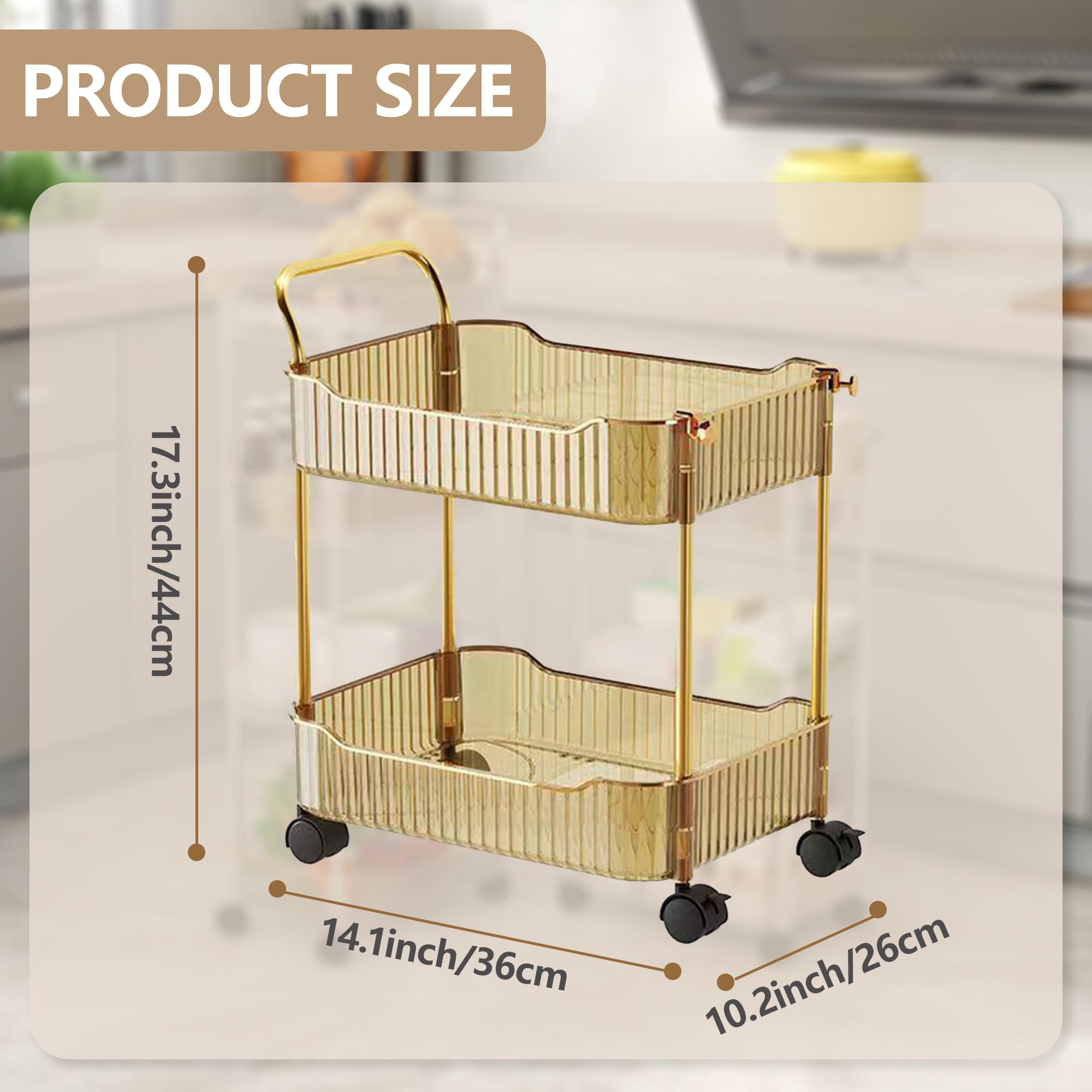 Carrello Di Stoccaggio Acrilico, Scaffali Mobili Di Organizzazione Del Carrello Di Rotolamento Della Cucina Del Bagno Con Maniglia E Rotella Bloccabile,D'oro,2 Tier