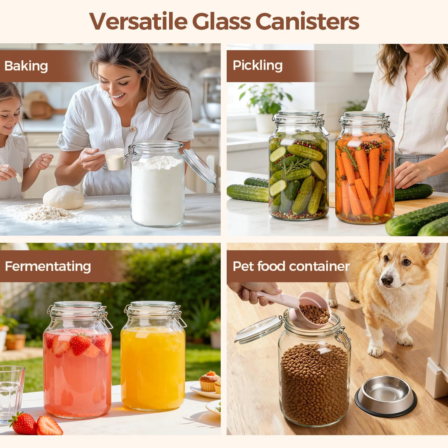 ComSaf 1.1 Gallon Glass Jars with Airtight Lids (138oz, Set of 2), Extra-Wide Mouth Canisters for Bulk Flour & Sugar Storage, Ideal for Fermenting Sourdough, Kombucha & Pickles