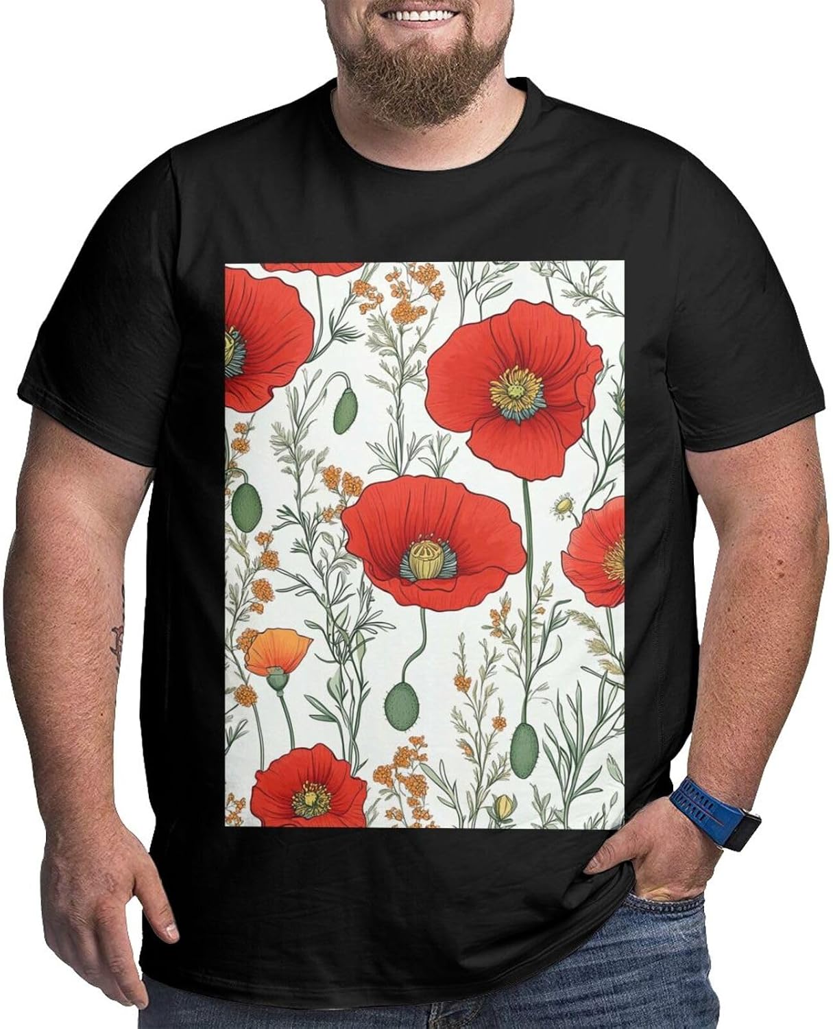 T-Shirt Plus Size Heavyweight T Shirt for Men Big and Tall Tshirts | Poppy Flower Pattern Oversized Tshirts For Men Short Sleeve Upf 50+ Sun Protection T-Shirt For Casual & Daily Wear