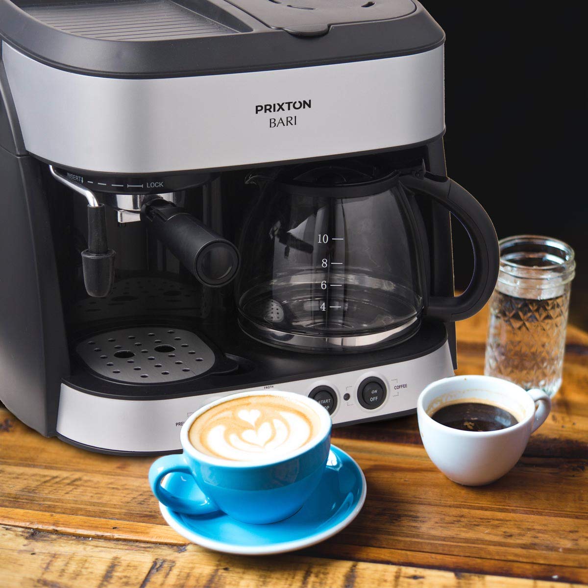 PRIXTON Bari - Cafetera Doble/Cafetera Expresso 3 en 1: Espresso, Americano y Cappuccino, 15 bares de Presión, Potencia 1850 W, Doble Sistema Italiano y Americano de Goteo, Vaporizador integrado