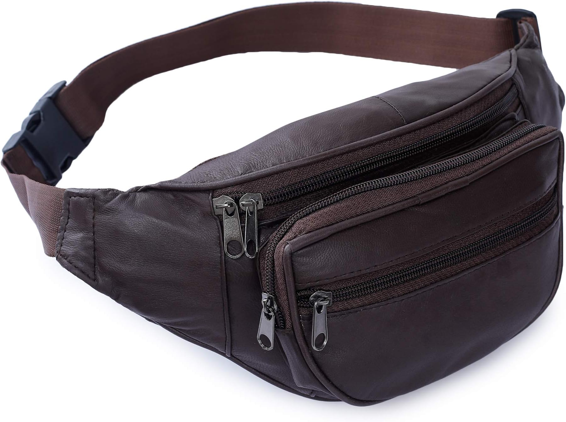 Genuine Leather Waist Bag for Men & Women | Brown Fanny Pack with Adjustable Belt | 4 Zipper Pockets Travel Pouch, Money Belt, Running Hiking Hip Bag