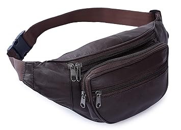 K London Genuine Leather Waist Bag for Men & Women | Brown Fanny Pack with Adjustable Belt | 4 Zipper Pockets Travel Pouch, Money Belt, Running Hiking Hip Bag