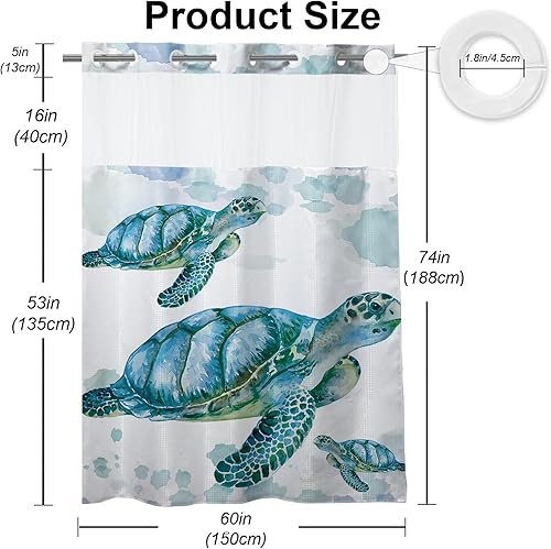 Vista 264 de Cortina de ducha de tortugas marinas, temática náutica de playa, verde y verde azulado, sin ganchos, punto gofre y forro desmontable, decoración