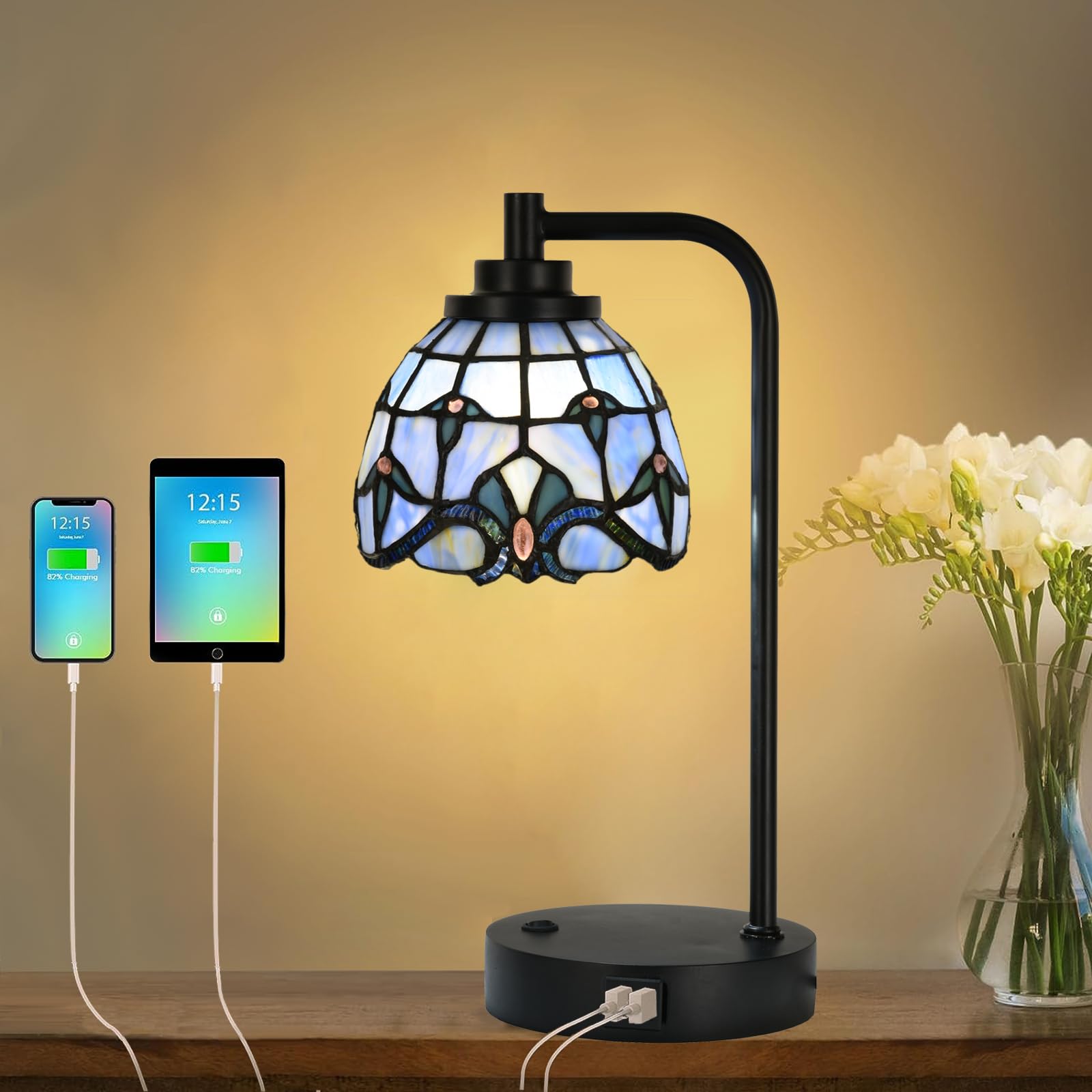 TL0016 Tiffany Table Lamp with 2 USB Charging Ports, Desk Lamp with Blue Baroque Stained Glass Lamp Shade, Retro Nightstand H 14.5" for Bedrooms Office Study, LED Bulbs Included (Blue)
