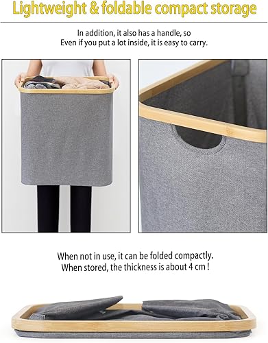 Miniatura 2 de Cesto de lavandería, gris, capacidad de 60 L, plegable, mango de bambú, tela Oxford 600D duradera