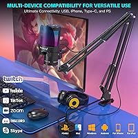 Vista 3 de ZealSound Micrófono USB para juegos para iPhone, micrófono de juegos con cancelación de ruido con silencio táctil, ganancia, monitoreo, brazo