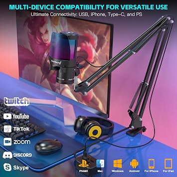 ZealSound Gaming USB Microphone for iPhone,Noise Cancellation Gaming mic with Touch Mute,Gain,Monitoring,USB Mic Boom Arm for Streaming,Podcast,Twitch,YouTube,Discord,iPad,PC,Computer,PS4,PS5,Mac