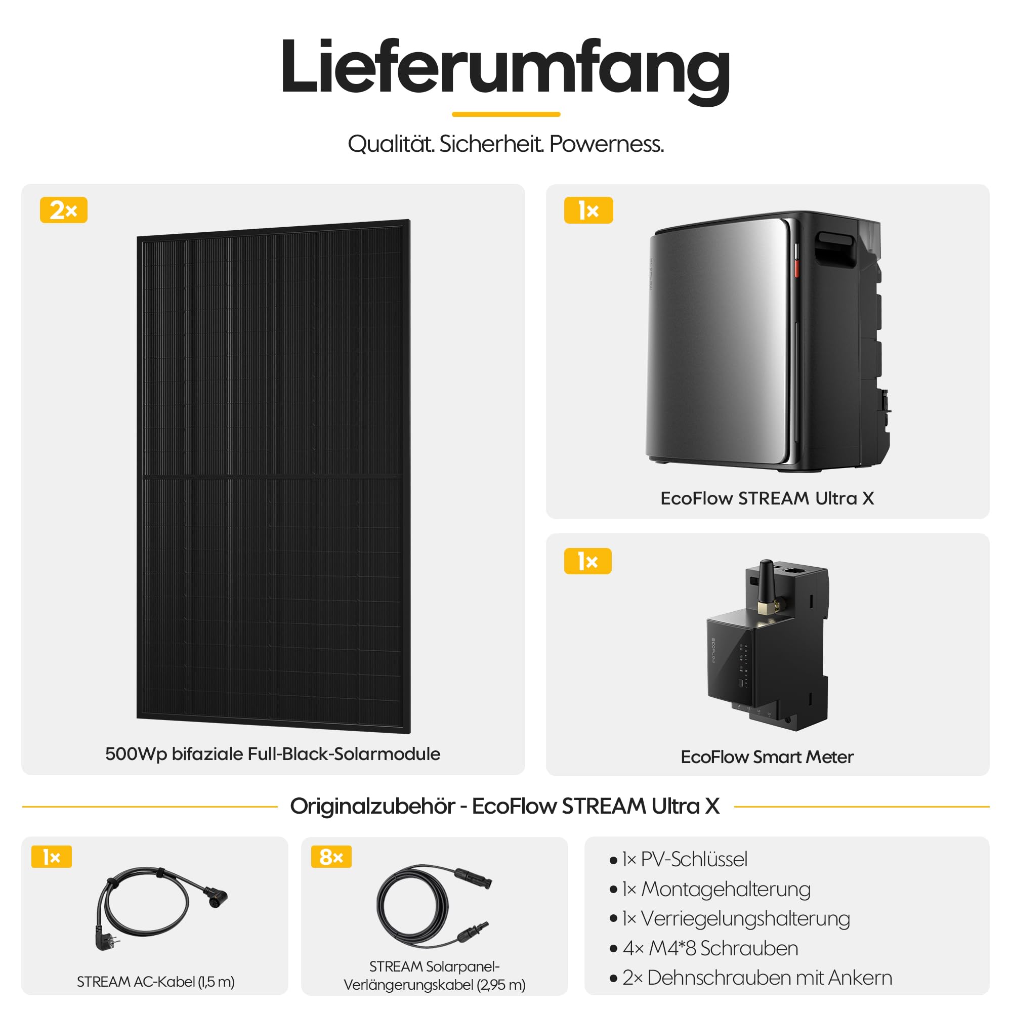 Powerness® All in One 1000W Balkonkraftwerk mit Speicher 3840Wh, ECOFLOW STREAM Ultra X mit 4 MPPT, Smarten Zähler & Zubehör Komplettset, 2× 500W Full Black Bifaziale Solarmodule, Plug & Play(0% MwSt)