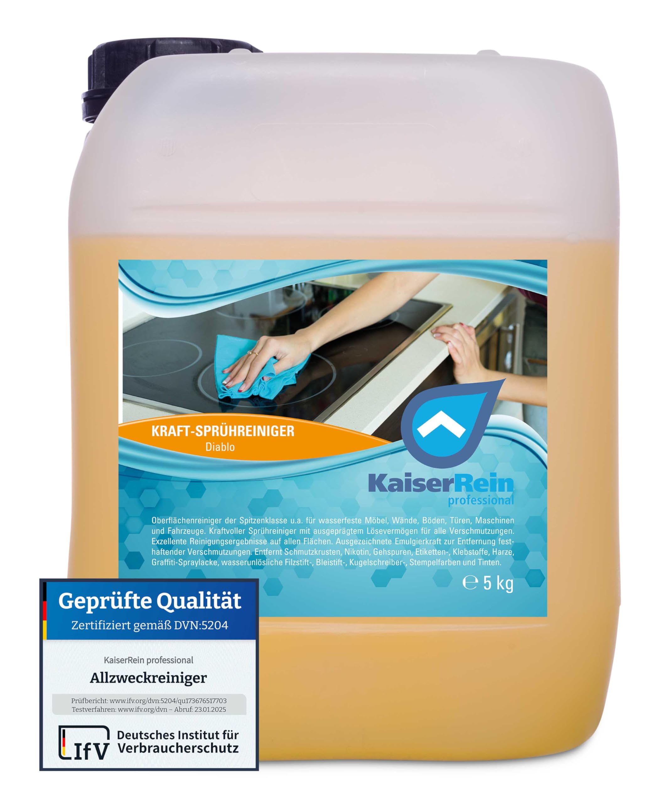KaiserRein Kraft-Reiniger Allzweckreiniger Diablo Spray 5 L Kanister Oberflächen-Reiniger Fettlöser Rauchentferner optimaler Nikotinentferner auf Fliesen, Türen, usw.