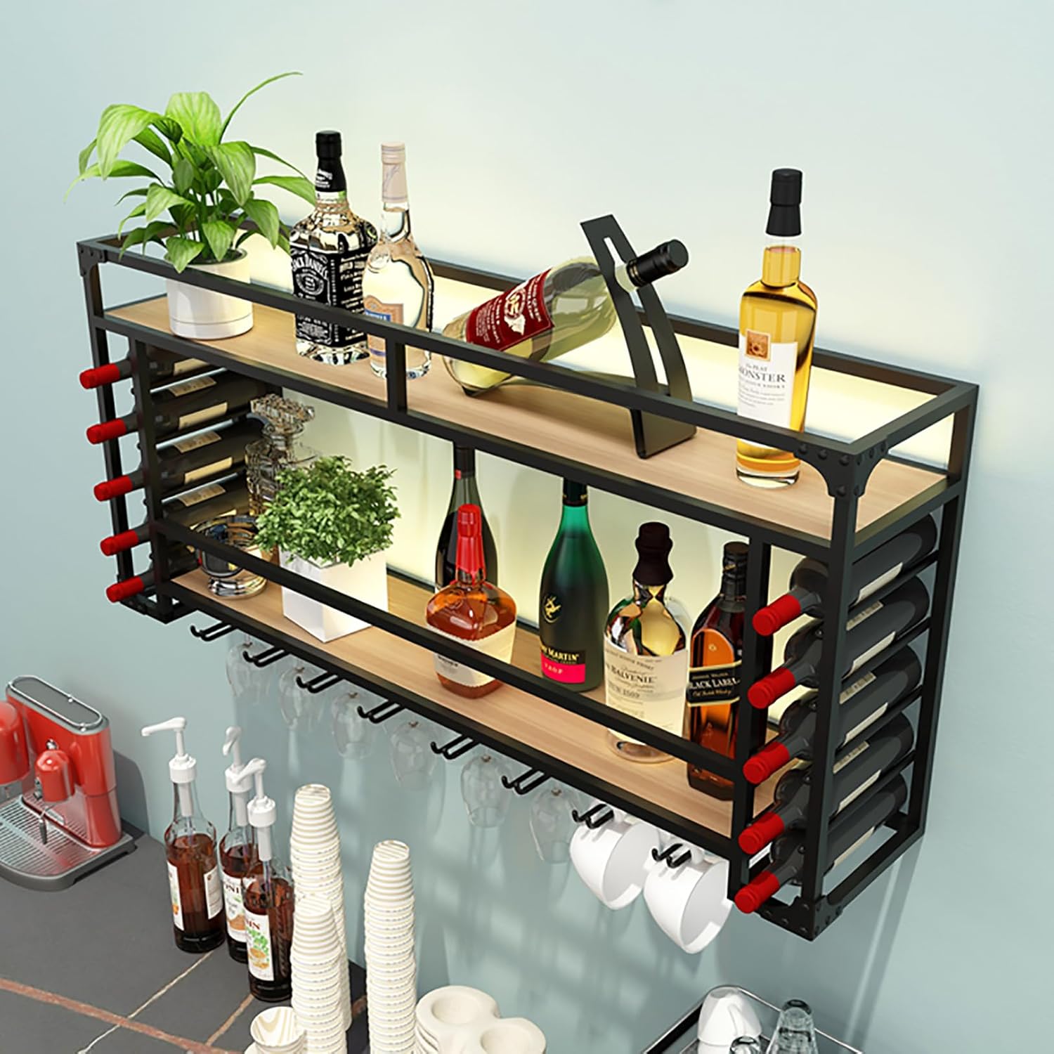 Industrial Metal Wall Mounted Wine Rack with Glass Holder Large Capacity Storage for Wine Bottles and Glasses Hanging Wine Rack for Home Decor Black 31.5×21.6×10in