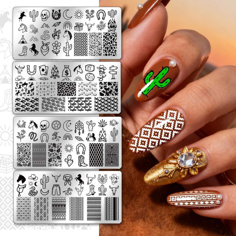 PH PandaHall 4pcs Boho Element Nail Stamping Templates Western Cowboy Nail Art Templates Cowboy Boot Horse Stencils Rodeo Theme Stainless Steel Image Plates Tool for Women Print Manicures Salon Design