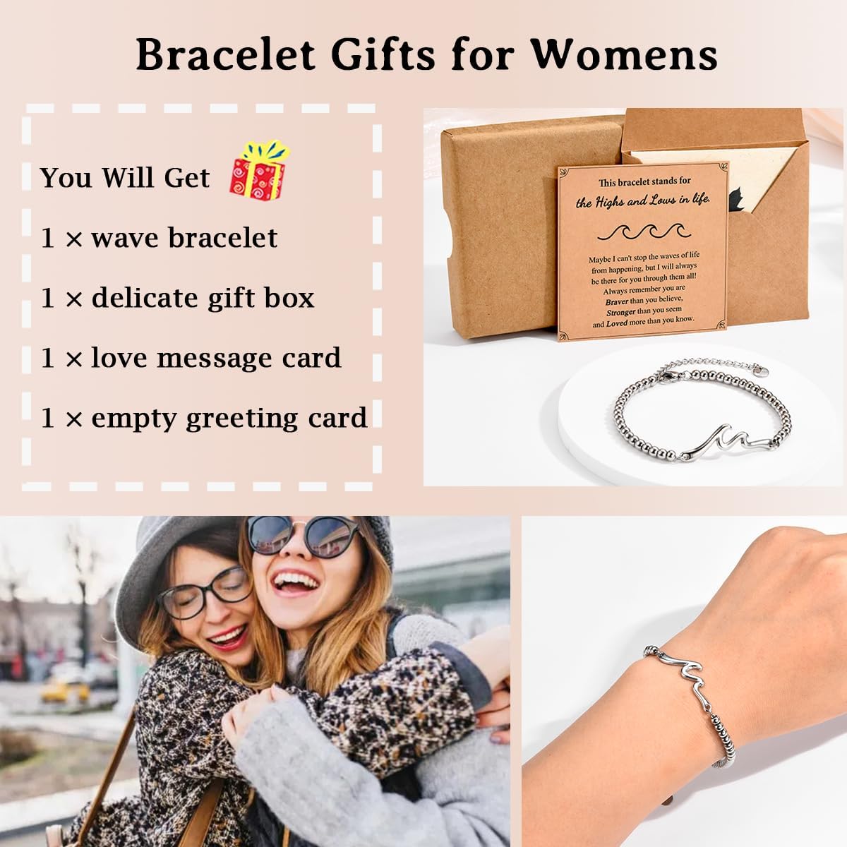 Inspirational Gifts for Women, Wave of Life Inspirational Bracelet, Thinking of You Cheer Up Get Well Encouragement Gifts for Women Friends, Life is Tough But So are You