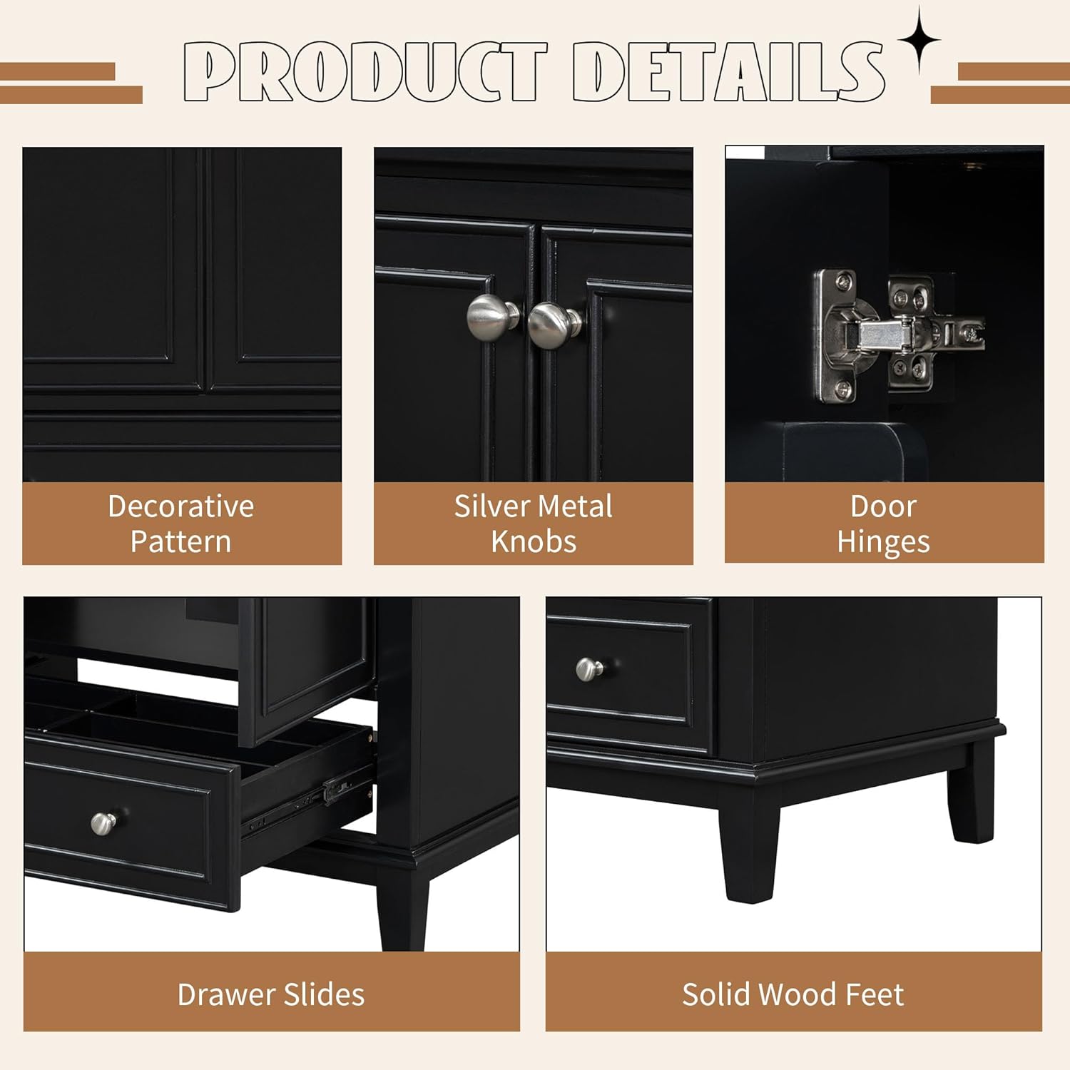 LZ LEISURE ZONE 30" Bathroom Vanity Without Sink, Base Only, Multi-Functional Bathroom Cabinet with Doors and Drawer, Solid Frame and MDF Board, Black