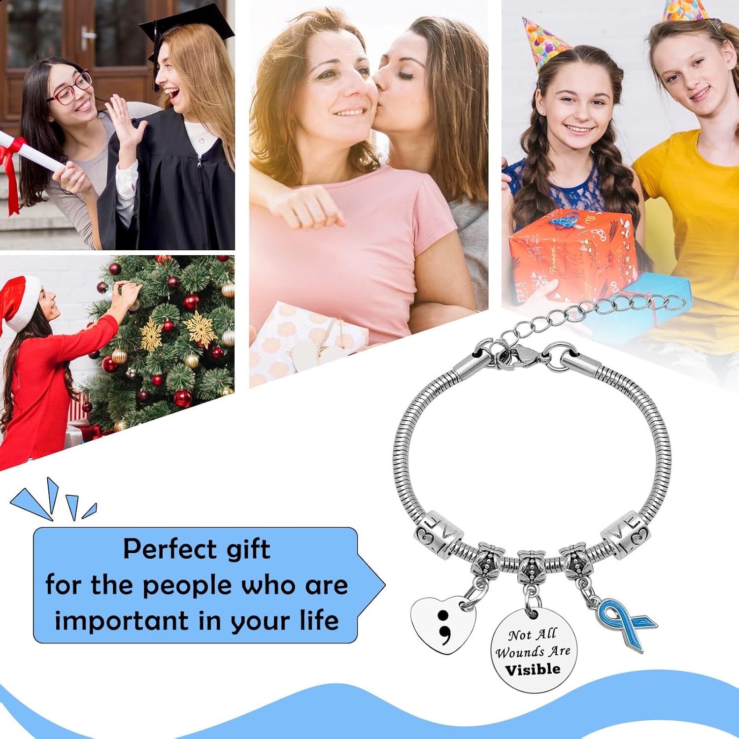 Semicolon Gift Mental Health Gifts for Women Bracelet PTSD Awareness Ribbon Bracelet Depression Awareness Gift Inspirational Jewelry for Friend Mom Sister Cancer Recovery Gifts - Image 4