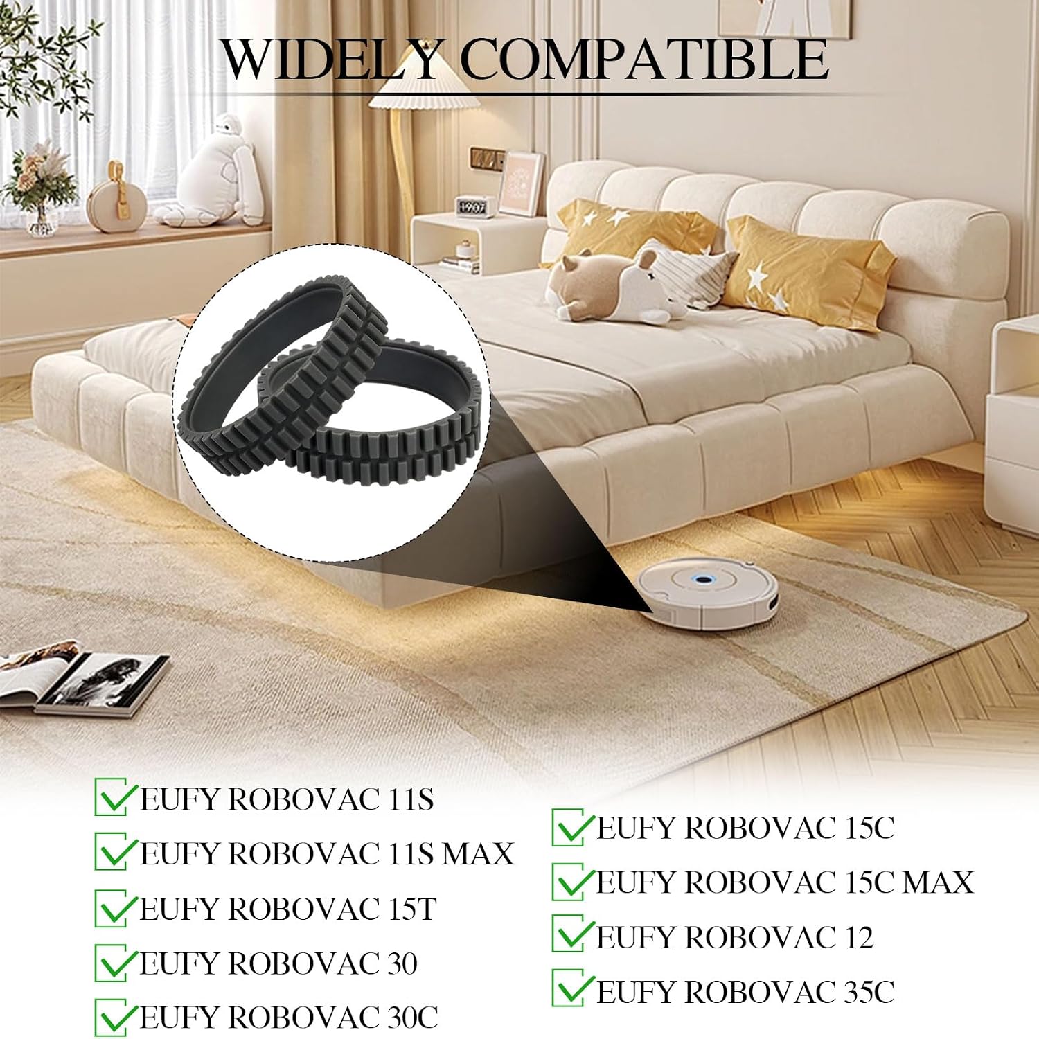 2PCS Wheel Tires Skin, Anti Slip Tyre Skins Compatible with Eufy RoboVac 11S, 15T, 30, 30C, 11S, MAX, 15C, MAX, 12, 35C Models, Wheel Replacement Accessory Black
