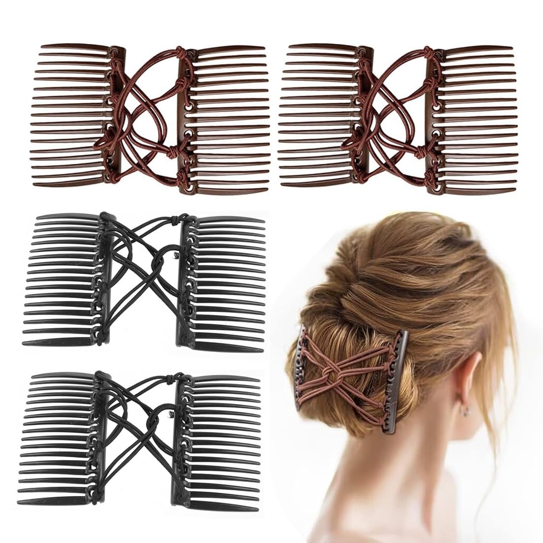 4 pinzas elásticas para el cabello con peine doble, peines mágicos elásticos para cabello grueso, ajustables