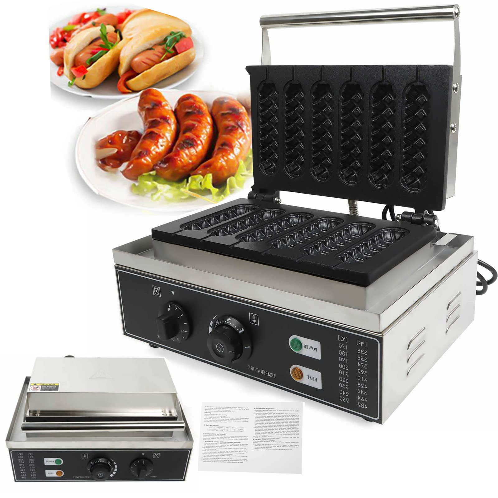 1500W 6Pcs Commercial Waffle Maker Stainless Steel Sausage Corn Hot Dog Machine Non-stick Waffle Sti