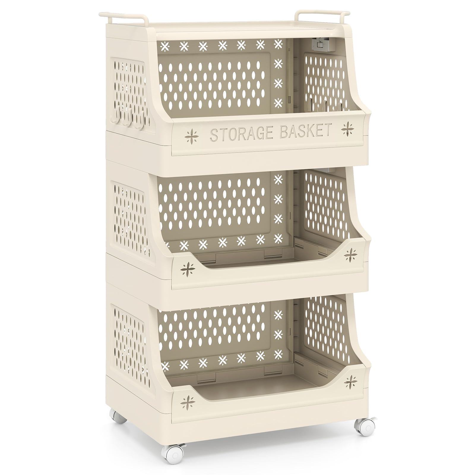 Multigot 3/4/5-Tier Laundry Basket on Wheels, Stackable Plastic Rolling Storage Cart with Handles and 6 Hooks, Foldable Laundry Hamper Dirty Clothes Sorter for Bathroom Bedroom (Beige, 4-Tier)