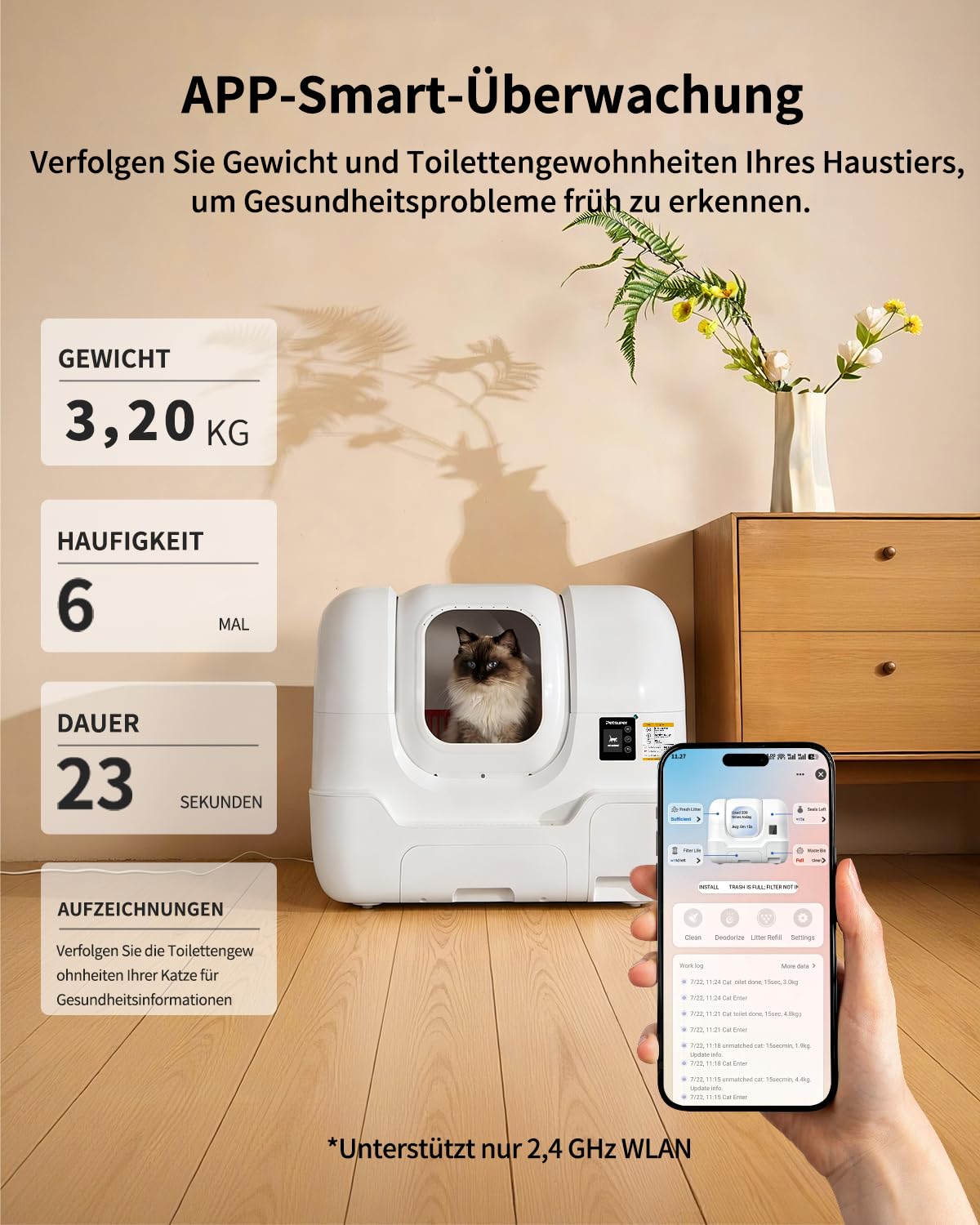 Selbstreinigendes Katzenklo, 68L automatische Katzentoilette mit App, EIN-klick-Reinigen, Geruchsstop, Sandauffüllung, Beutelwechsel, Radar-TOF-Gewichts-Sicherheitssensoren