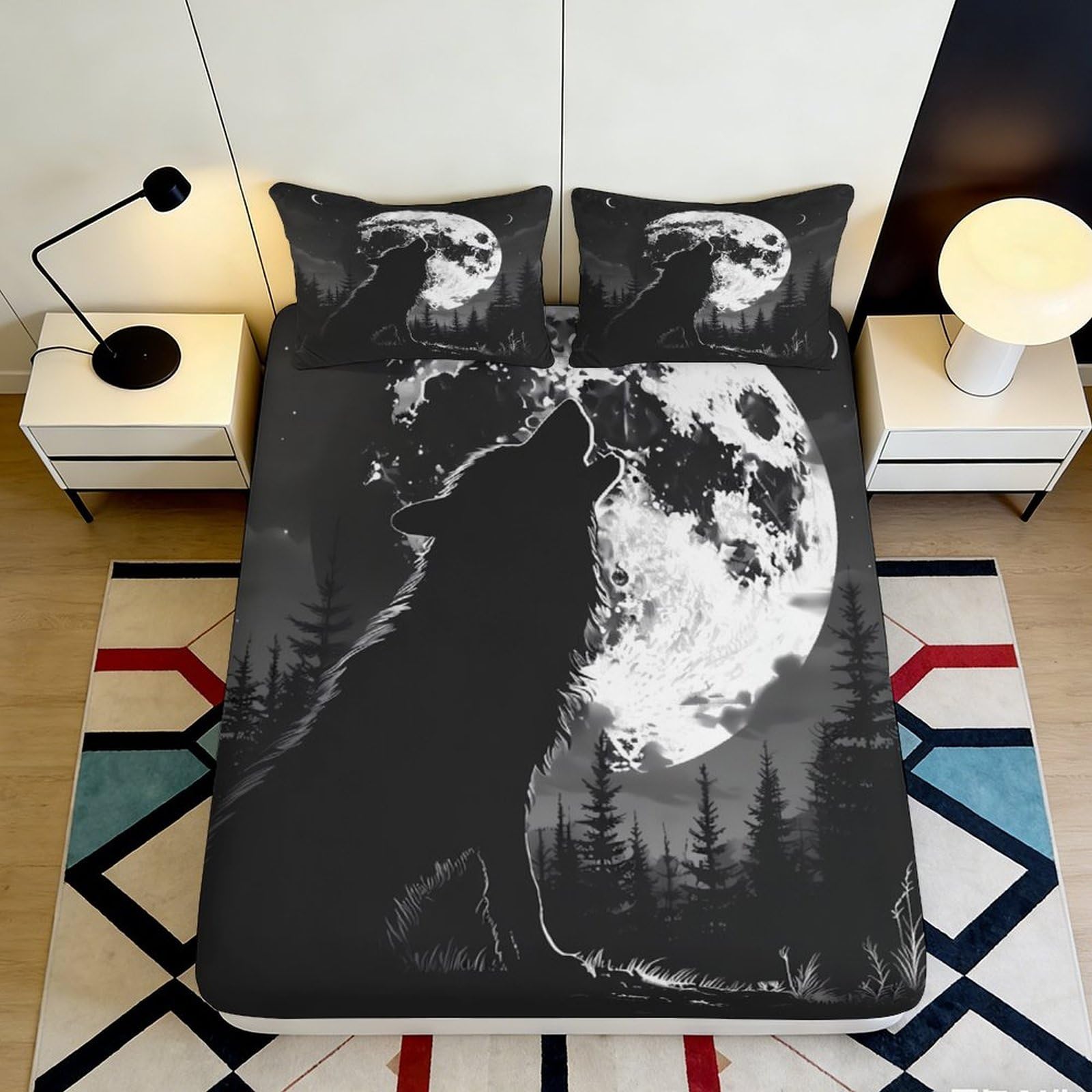 3D Printed Wolf Moon Fitted Sheet Microfiber Soft Breathable Forest Mattress Cover for Bedroom Guest Room Decor 120x200x25cm