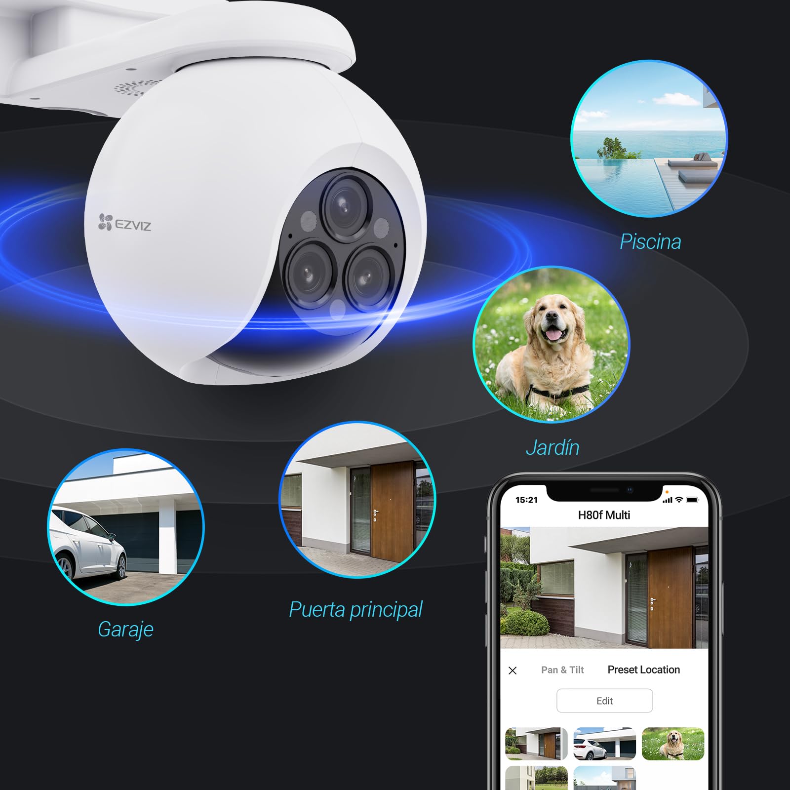 EZVIZ Cámara Vigilancia WiFi Exterior,12MP,Triple Lente,3 × 2K+ Cámara IP de Seguridad 360°,Visión Nocturna en Color,IA Detección Persona/Vehículo,12× Zoom,Sirena,Alexa,Impermeable,H80F Multi