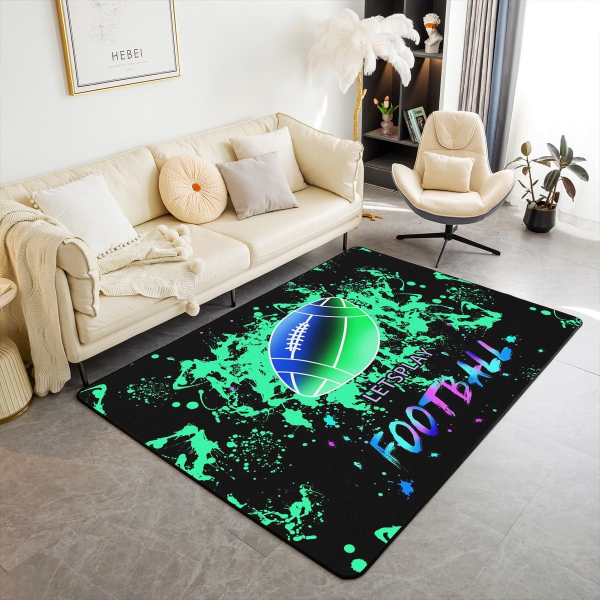 Homemissing Tappeto per area di calcio, 150 x 200 cm, per bambini, rugby, palla 3D, tappeto decorativo per bambini e ragazze, per videogiochi, sport, soggiorno, verde, blu, neon, galassia, tappeto per