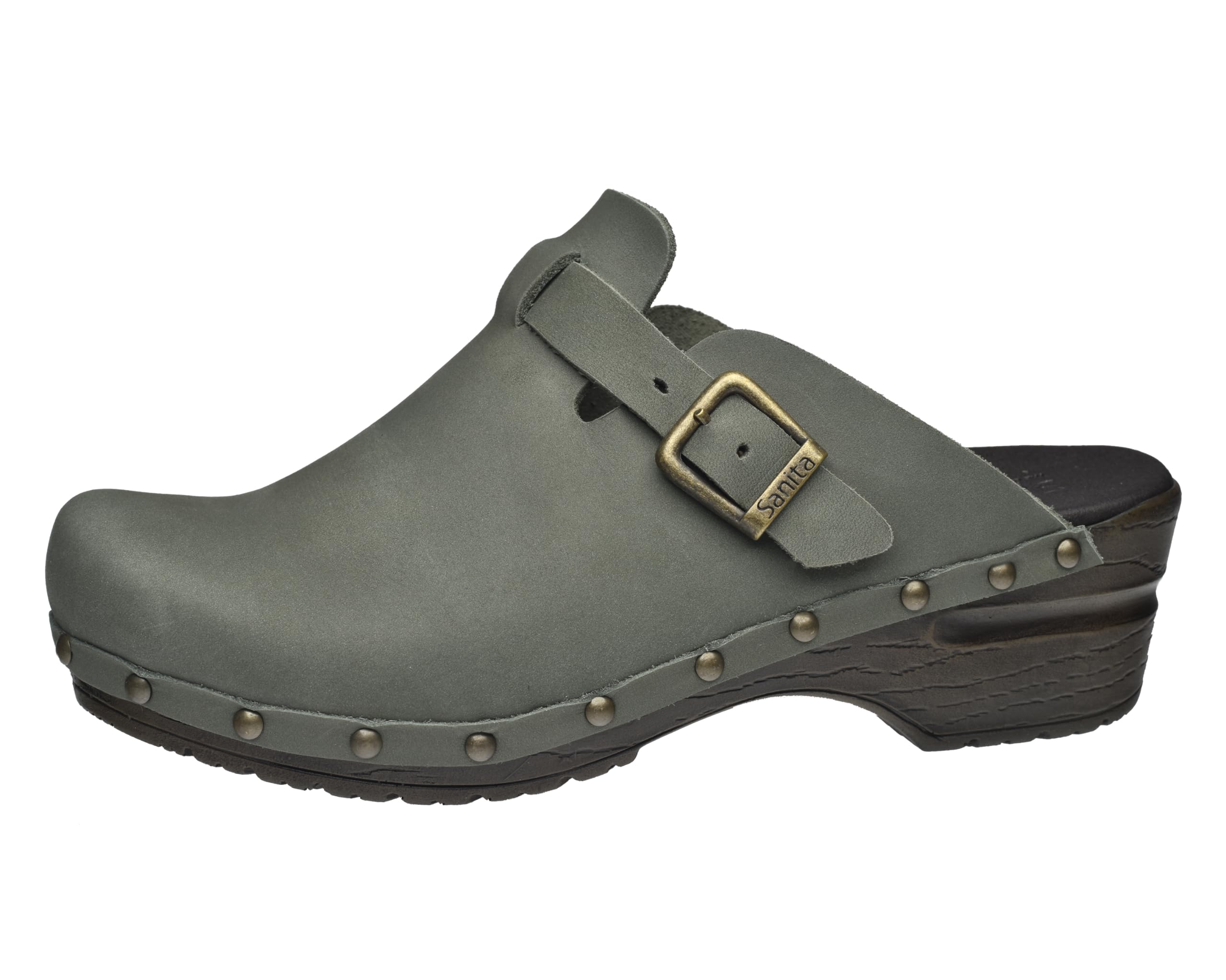 Sanita Sanila | Zoccoli Aperti da Donna | Zoccoli Artigianali Originali in Pelle Flessibile | Plantare Anatomico in Schiuma Morbida | Verde Kaki | 42 EU