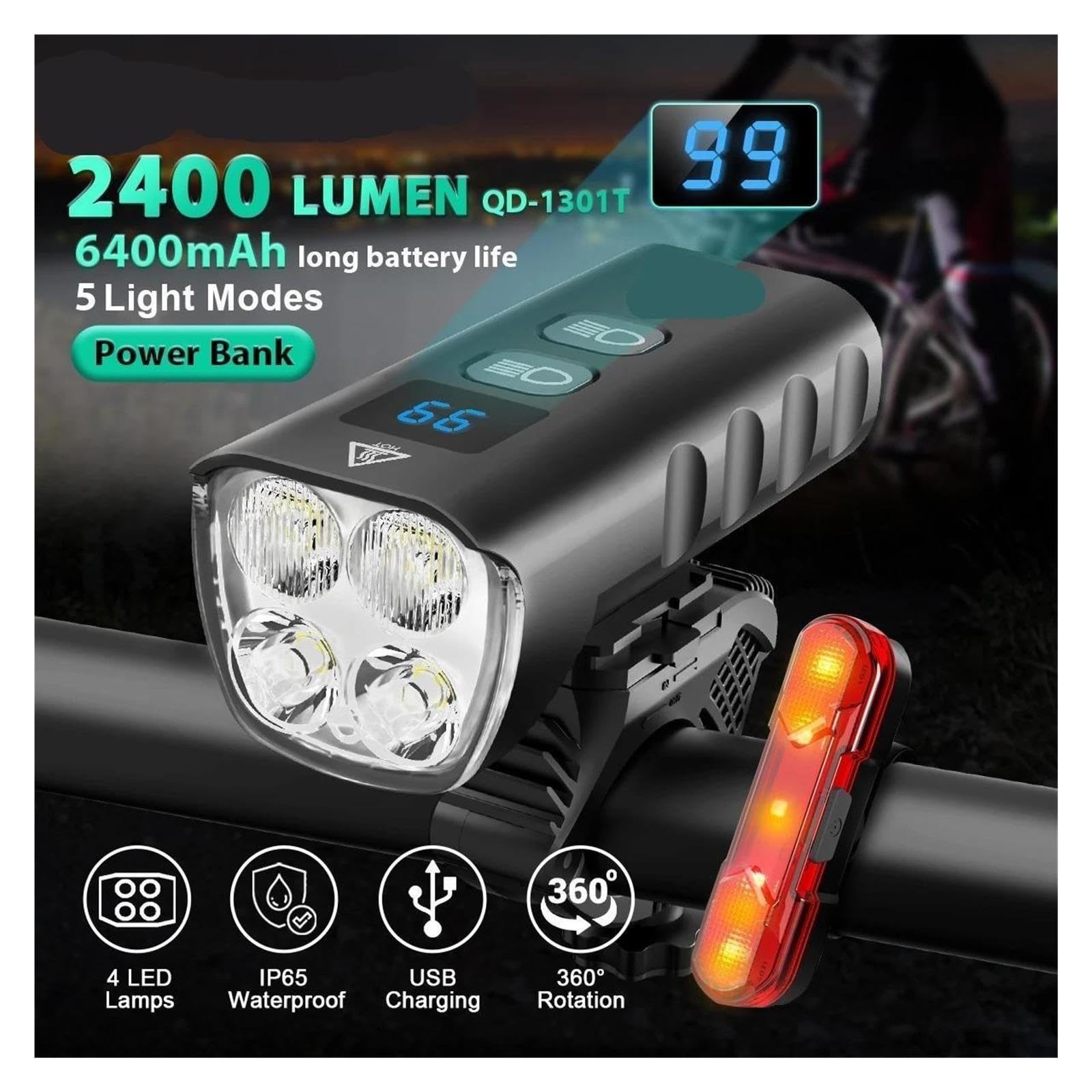 1 luz Delantera for Bicicleta de 2400 lúmenes y 6400 mAh.