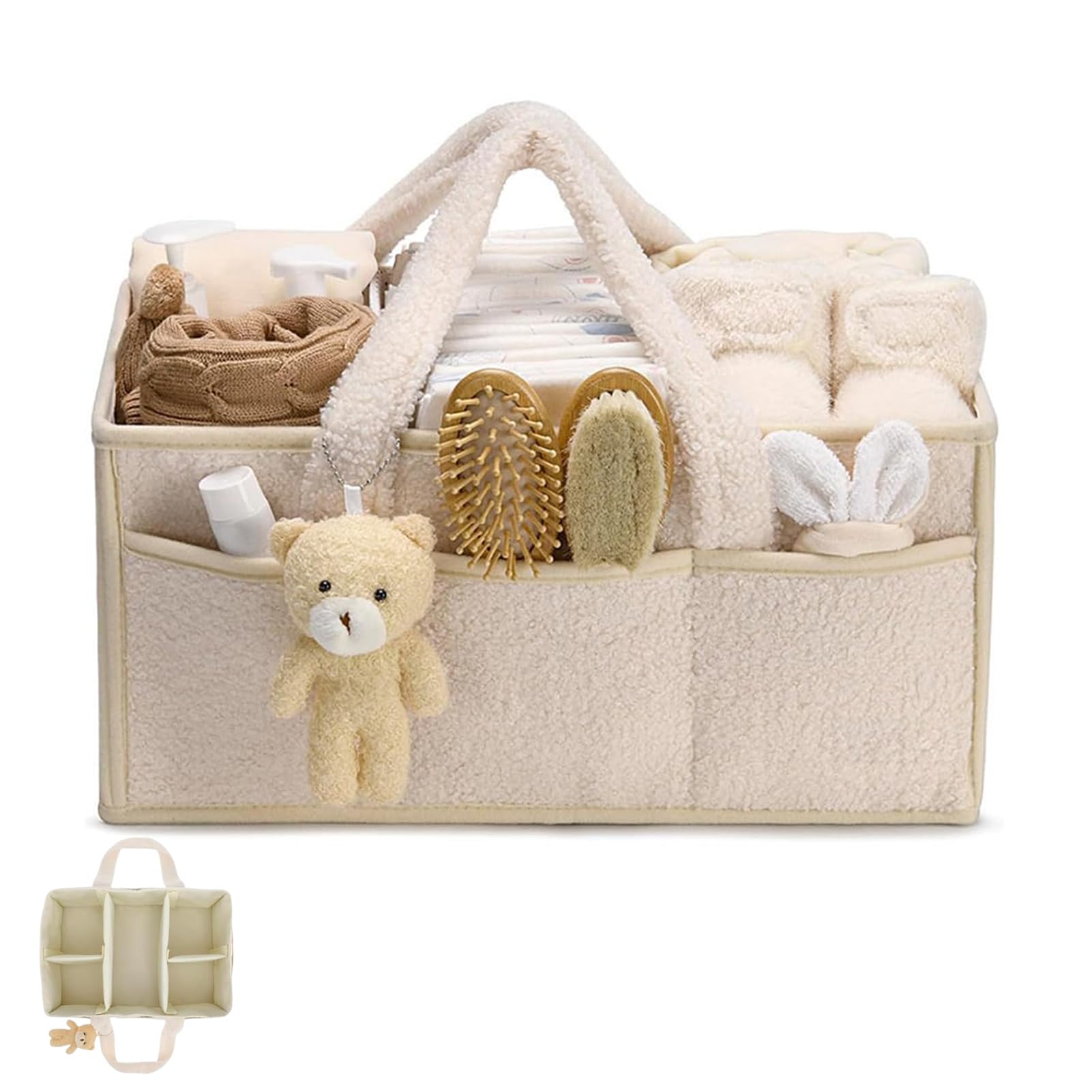 Flanliy Wickeltasche Organizer, Wickeltisch Organizer, Tragbarer Wickelkorb mit Herausnehmbaren Fächern, Plüsch Wickelorganizer mit Griffen, Baby Aufbewahrungskorb für Wickel und Babysachen