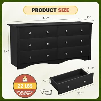 Homall Dresser for Bedroom, 6 Drawer Dresser, Wood Chest of Drawers, Storage Dressers Organizer, for Living Room, Hallway, Entryway (Black)