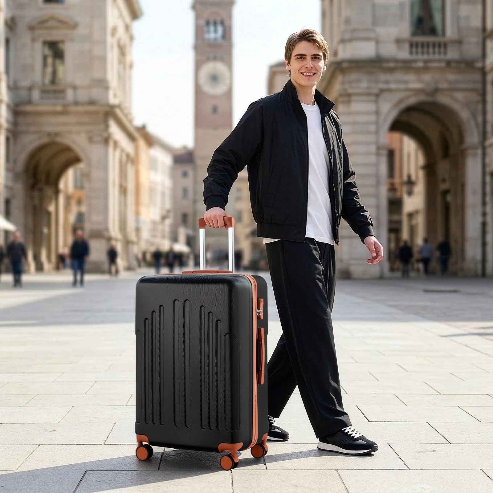 LEADZM Valigie Set 3 Pezzi, Set Valigie Rigide in ABS, Luggage Suitcase Grande 23 kg con 4 Ruote Girevoli Doppie (Nero-Marrone)