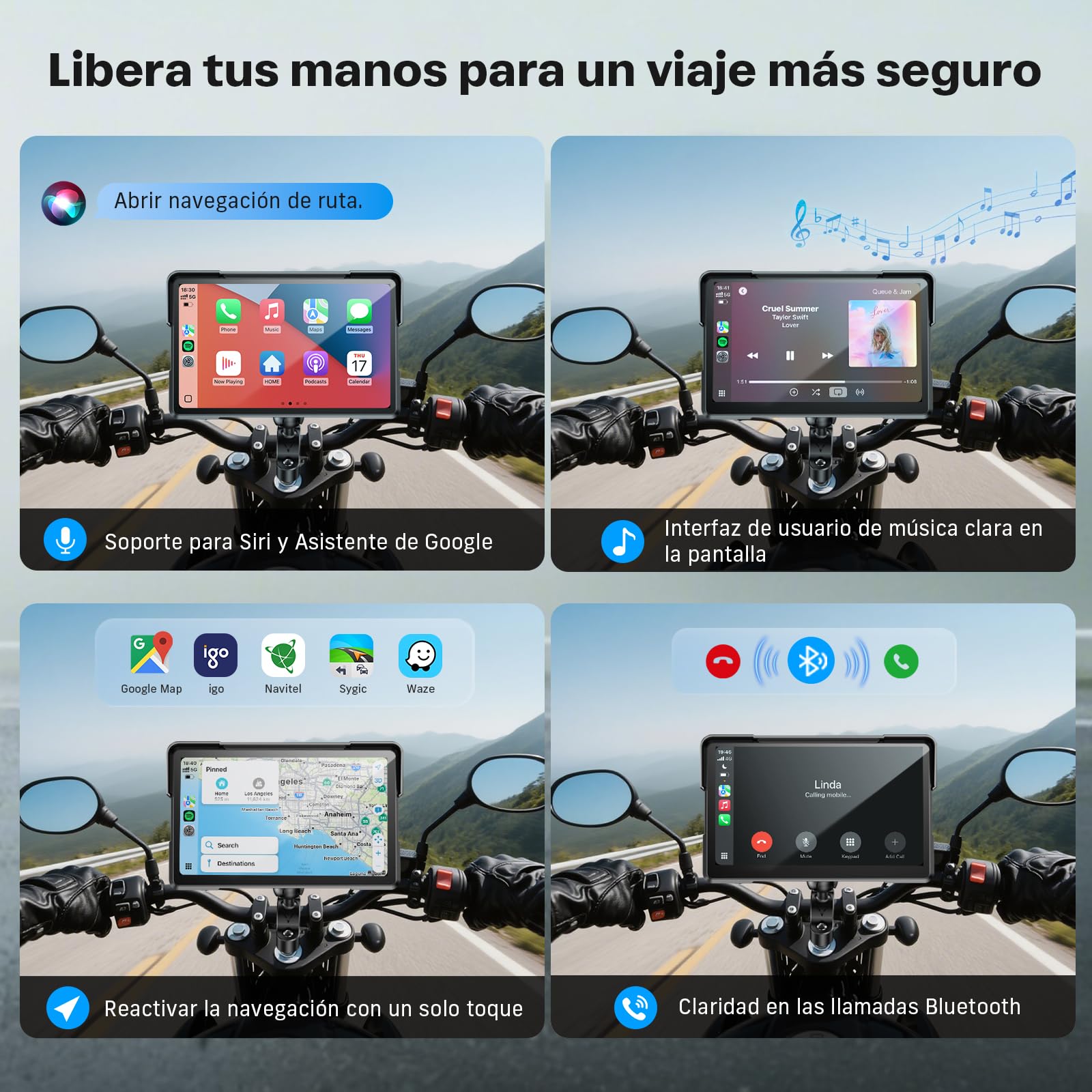 WonVon 7 Pulgadas CarPlay para Motocicleta Sistema de Navegación GPS con Apple CarPlay y Android Auto Pantalla Portátil con Doble Bluetooth, Navegación, Siri, Asistente de Google Soporte magnética