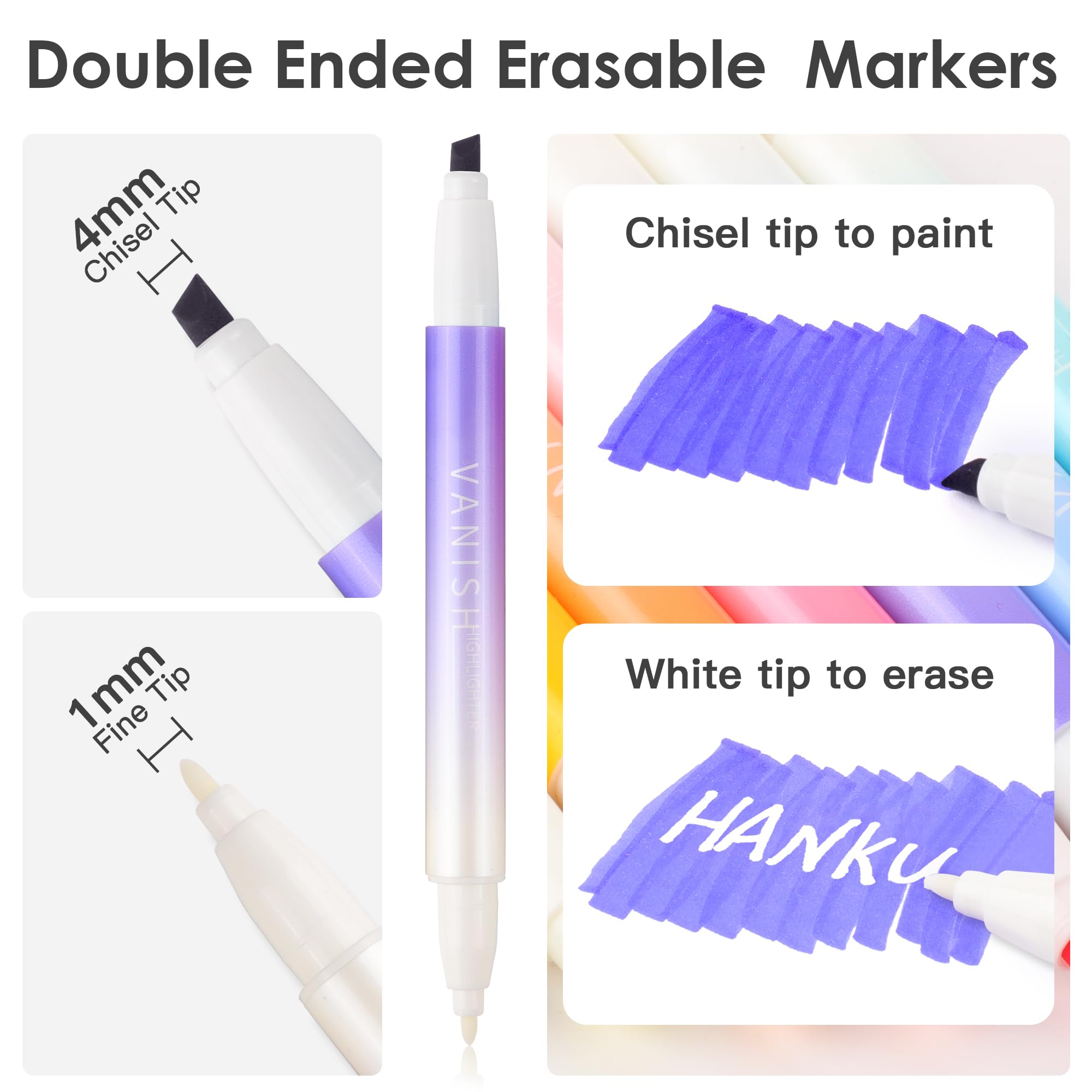 HANKU Erasable Highlighters, Dual Tip 10 Pack Highlighters Assorted Colors Erasable, Smooth Writing Book Journaling No Bleeding Highlighter Pens for Bible Journal Planner: 12 Colors