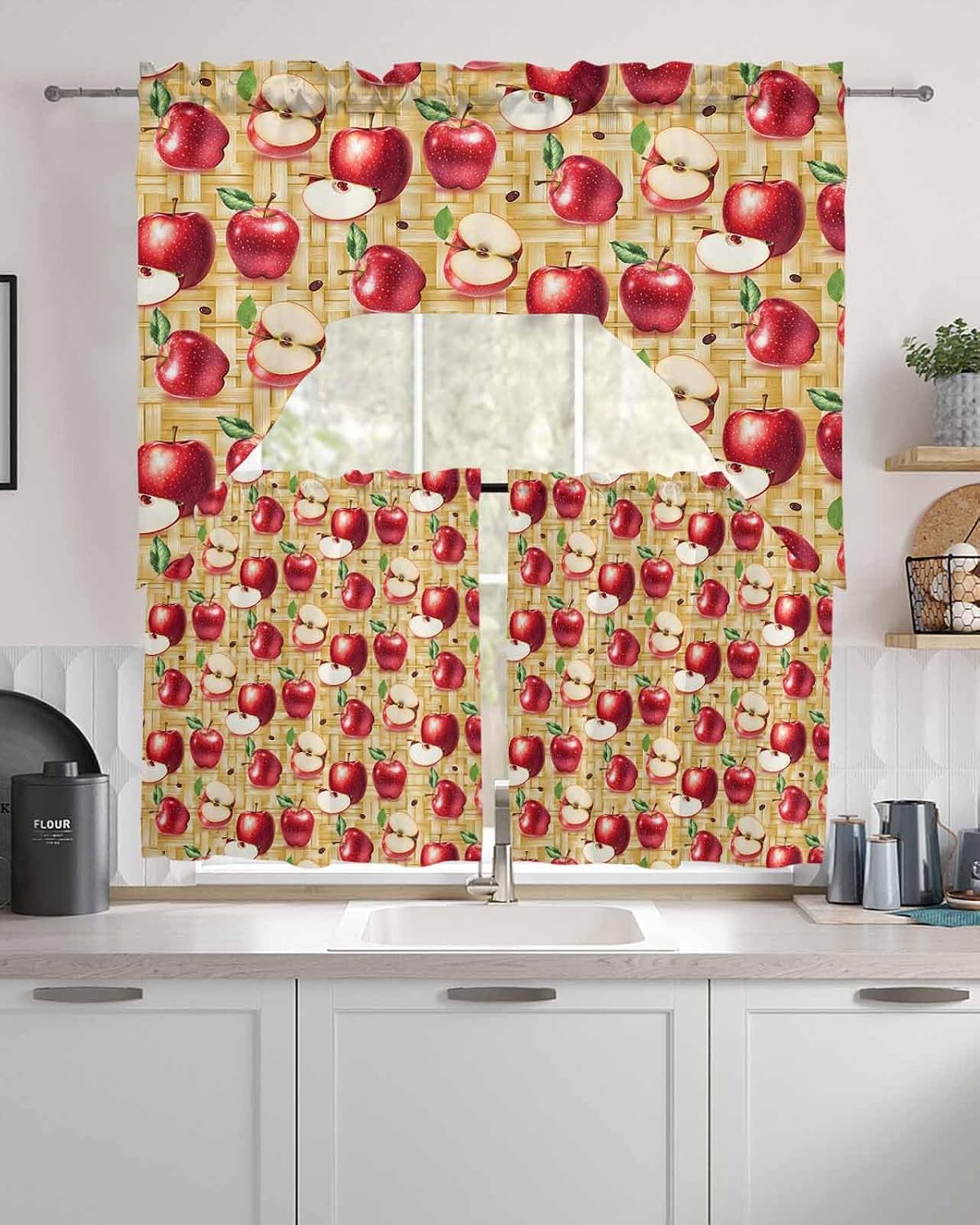 Savannan Kitchen Curtains Tiers and Swag Valances Set, Red Apples Farm Fruit Rod Pocket Short Window Curtains for Bedroom Bathroom Cafe, 3 Pieces 36 Inch Long Retro Weave Art image 2