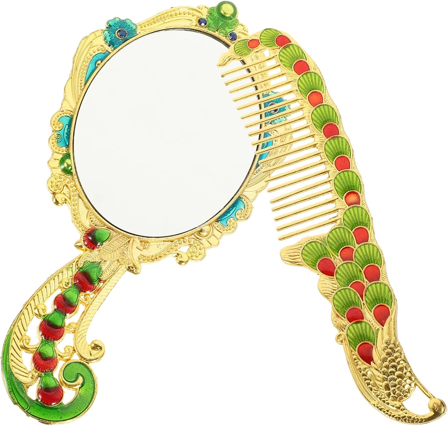 Vintage Peacock Handheld Makeup Mirror and Comb Set 2pcs Gold Vanity Cosmetic Mirror Accessory for Women Portable Travel Beauty Tool