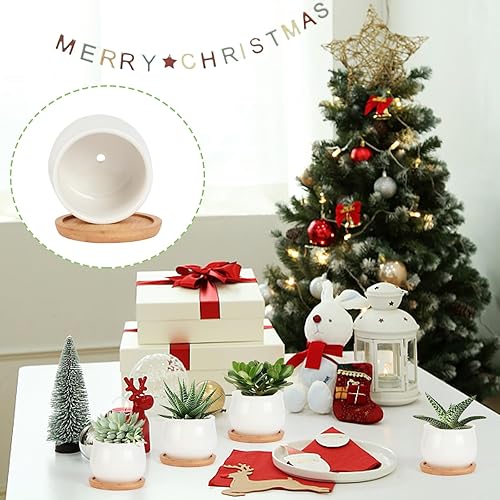 Miniatura 4 de Macetas para suculentas, maceta blanca de cerámica de 2.5 pulgadas con bandeja de bambú, paquete de 12 unidades, plantas no incluidas