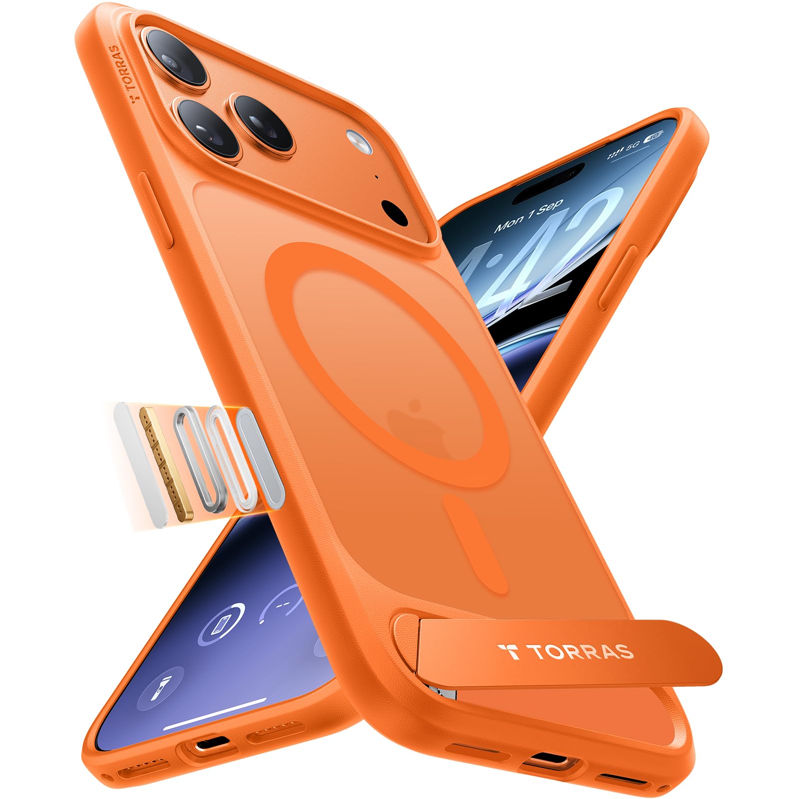 TORRAS Ostand L1 für iPhone 17 Pro Hülle mit Flügelständer Kompatibel mit MagSafe-Zubehör 3,66m Zertifizierte Militärschutz Stoßfest Magnetkraft Case für iPhone 17 Pro Handyhülle Matt Orange
