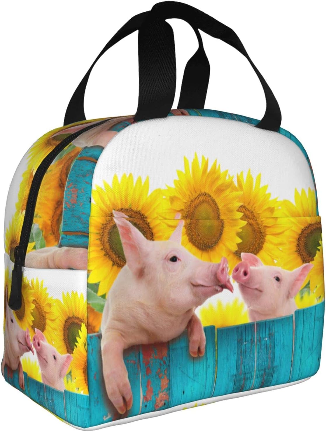 VOOHDDY Funny Pig Sunflower Wood Insulated Lunch Bag For Men Women Reusable Lunch Box Container Waterproof Portable Cooler Thermal Tote Bag For Work Office Picnic Beach Travel